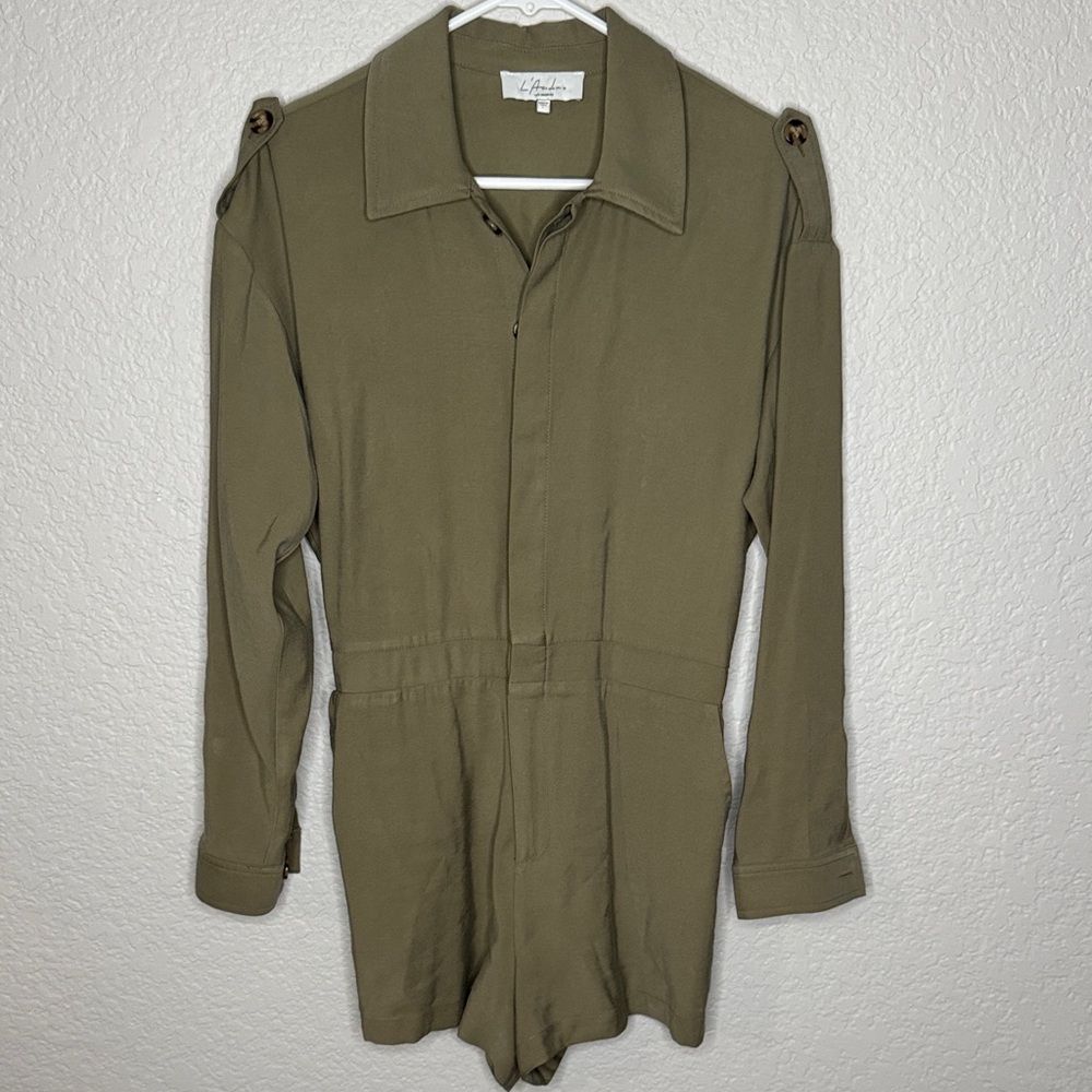 L'Academie Dylan Romper Olive Button Front Long Sleeve Pockets Sz S Streetwear - Picture 3 of 13
